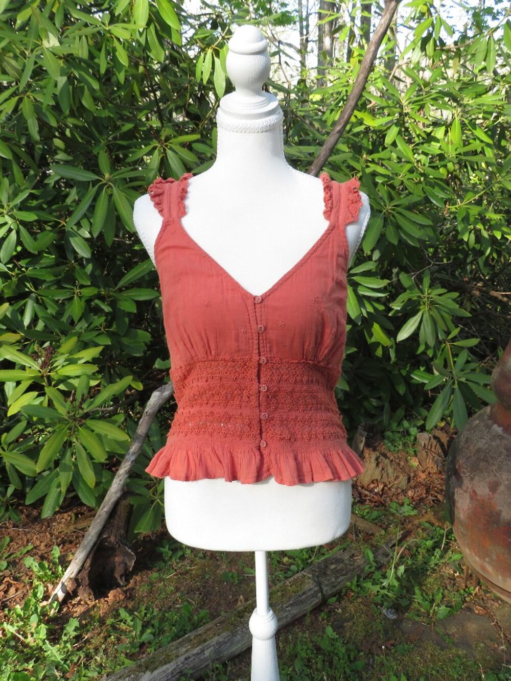 Boho Rust Ruffle Strap Smocked Cotton Lace Peplum Tank Top | Cottagecore size S